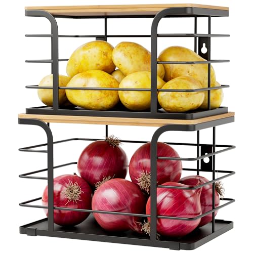 Stylstoreazy 2 Pack Potato and Onion Storage Bin,Stackable Pantry Organizers and Storage with PP Liner and Bamboo Top,Kitchen Storage Organization Counter Basket for Fruits,Produce,Vegetable, Black - Image 1