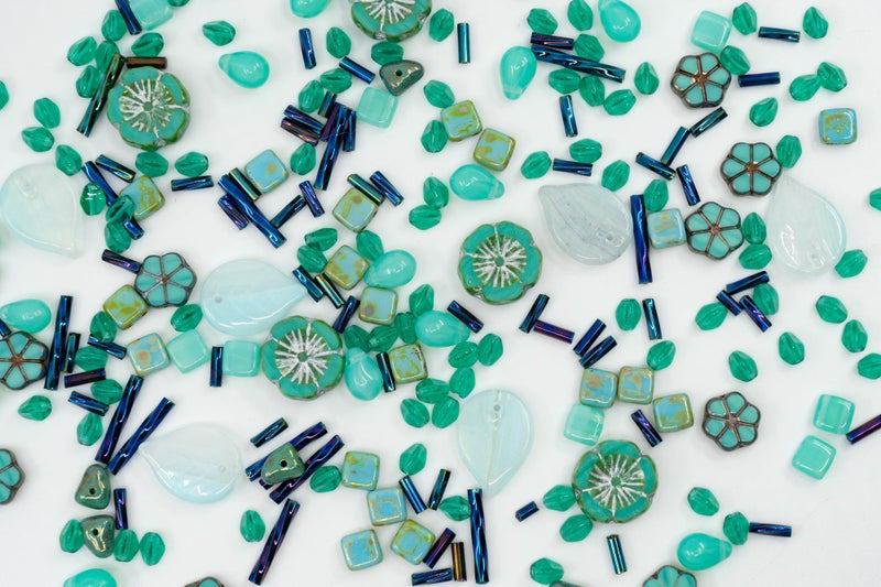 Bohemia Crystal Valley 2.1oz (60 g) Mix of Unique Czech Bohemia Glass Pressed Beads, Rocailles, Opaque Turquoise Green Copper Crystal Silver, Matte and Glossy, Hand Made BCV - Image 3