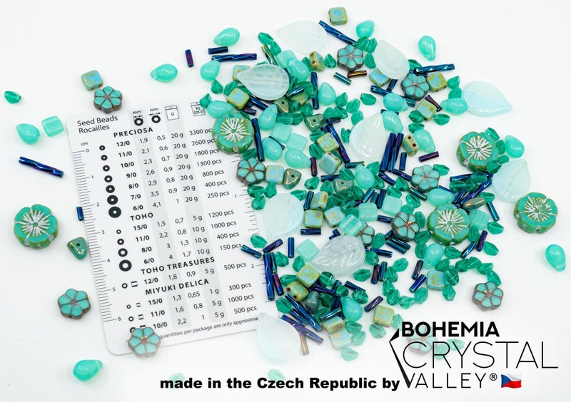 Bohemia Crystal Valley 2.1oz (60 g) Mix of Unique Czech Bohemia Glass Pressed Beads, Rocailles, Opaque Turquoise Green Copper Crystal Silver, Matte and Glossy, Hand Made BCV - Image 2
