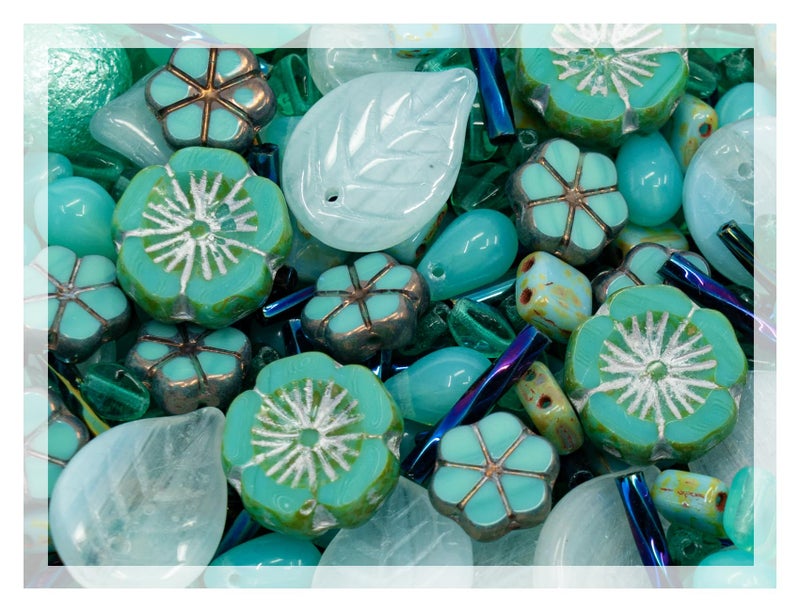 Bohemia Crystal Valley 2.1oz (60 g) Mix of Unique Czech Bohemia Glass Pressed Beads, Rocailles, Opaque Turquoise Green Copper Crystal Silver, Matte and Glossy, Hand Made BCV - Image 1
