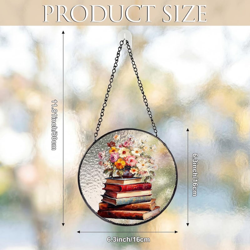 Mifoci 6.3 Inch Stained Glass Window Hanging Vintage Flower Suncatchers Indoor Window Book Lovers Gifts for Room Office Decor Aesthetic - Image 2