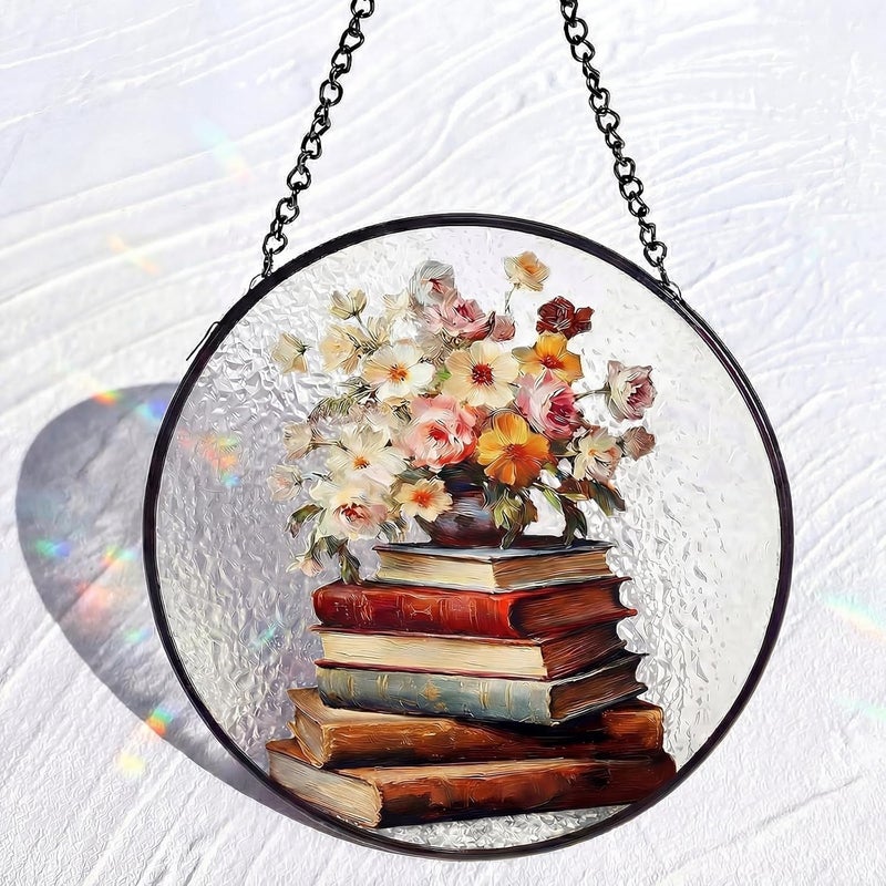 Mifoci 6.3 Inch Stained Glass Window Hanging Vintage Flower Suncatchers Indoor Window Book Lovers Gifts for Room Office Decor Aesthetic - Image 1