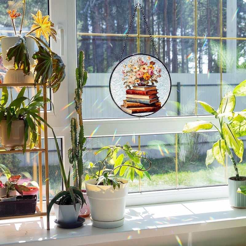 Mifoci 6.3 Inch Stained Glass Window Hanging Vintage Flower Suncatchers Indoor Window Book Lovers Gifts for Room Office Decor Aesthetic - Image 3