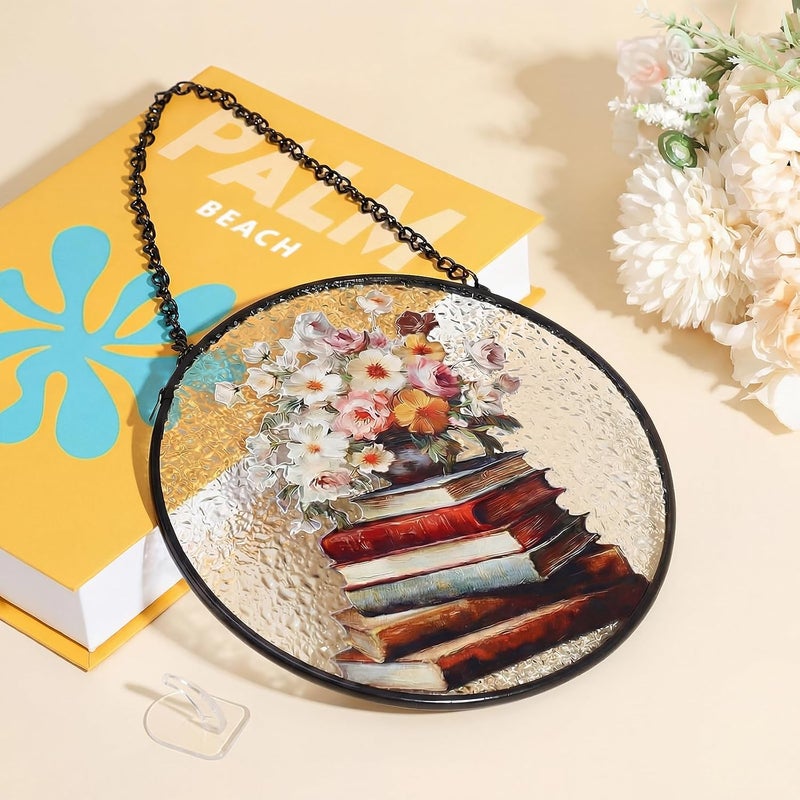 Mifoci 6.3 Inch Stained Glass Window Hanging Vintage Flower Suncatchers Indoor Window Book Lovers Gifts for Room Office Decor Aesthetic - Image 4