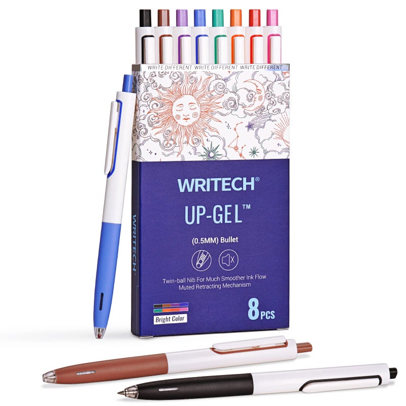 WRITECH Retractable Gel Ink Pens: Multicolor 0.5mm Fine Point Pen No Smear & Bleed for Journaling Sketching Drawing Notetaking Extra Smooth Writing Silent Click Pen Set Up-Gel 8ct - Image 1