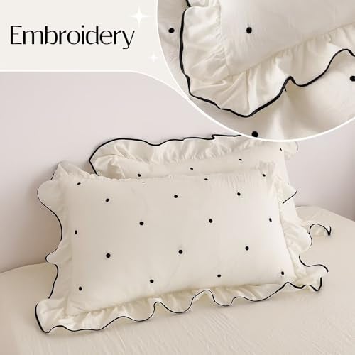AMZTOP Duvet Cover Queen Size Polka Dot Beige 3 Pcs(1 Duvet Cover with 2 Pillowcases),Soft Washed All Seasons Comforter Covers with Ruffles,Cute Queen Bedding Set for Teen Girls 90"×90" - Image 5