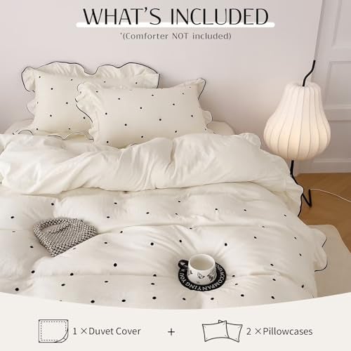 AMZTOP Duvet Cover Queen Size Polka Dot Beige 3 Pcs(1 Duvet Cover with 2 Pillowcases),Soft Washed All Seasons Comforter Covers with Ruffles,Cute Queen Bedding Set for Teen Girls 90"×90" - Image 3