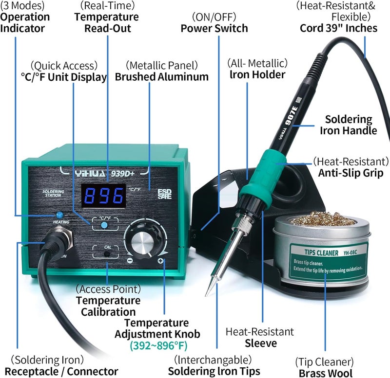 YIHUA 939D+ Digital Soldering Station with Precision Heat Control (392°F to 896°F) - Image 2