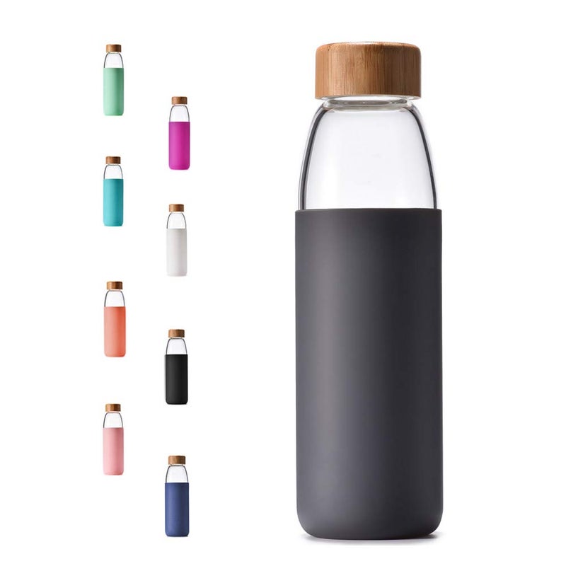 veegoal 18 Oz Borosilicate Glass Water Bottles with Bamboo Lid BPAFREE NonSlip Silicone Sleeve and Stainless Steel Leak Proof Lid  Reusable Glass Bottle for Men and Women