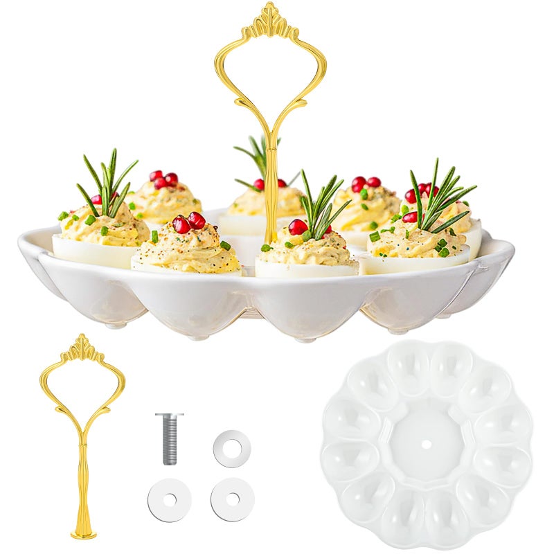 Potchen 1 Tier Ceramic Easter Deviled Egg Platter 12 Hole Deviled Egg Tray Container, Detachable Eggs Holder Tower for Easter Party Food Container for Kitchen Countertop Microwave Dishwasher Freezer - Image 1