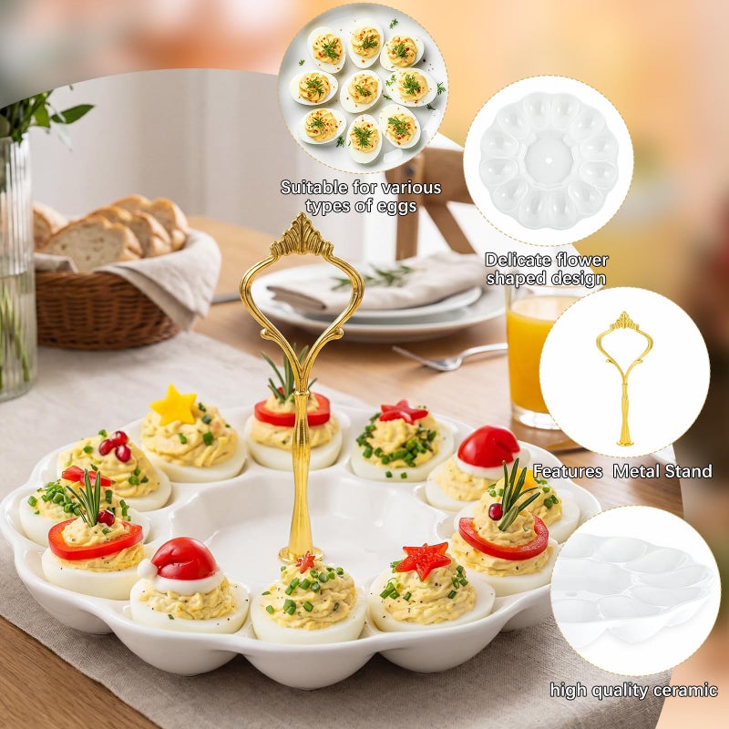Potchen 1 Tier Ceramic Easter Deviled Egg Platter 12 Hole Deviled Egg Tray Container, Detachable Eggs Holder Tower for Easter Party Food Container for Kitchen Countertop Microwave Dishwasher Freezer - Image 3