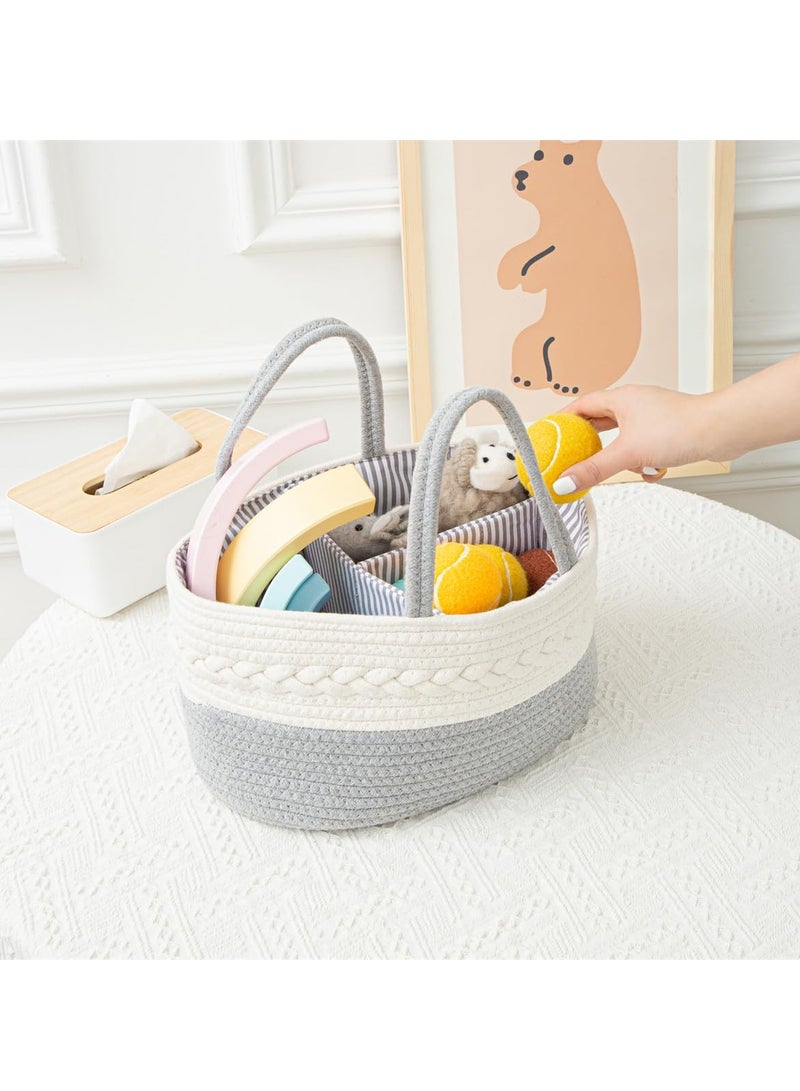 general Baby Nappy Caddy, Nappy Organiser, Nursery Bohemian cotton rope storage basket, Portable Car Organizer with Removable Inserts (White/Gray) - Image 4