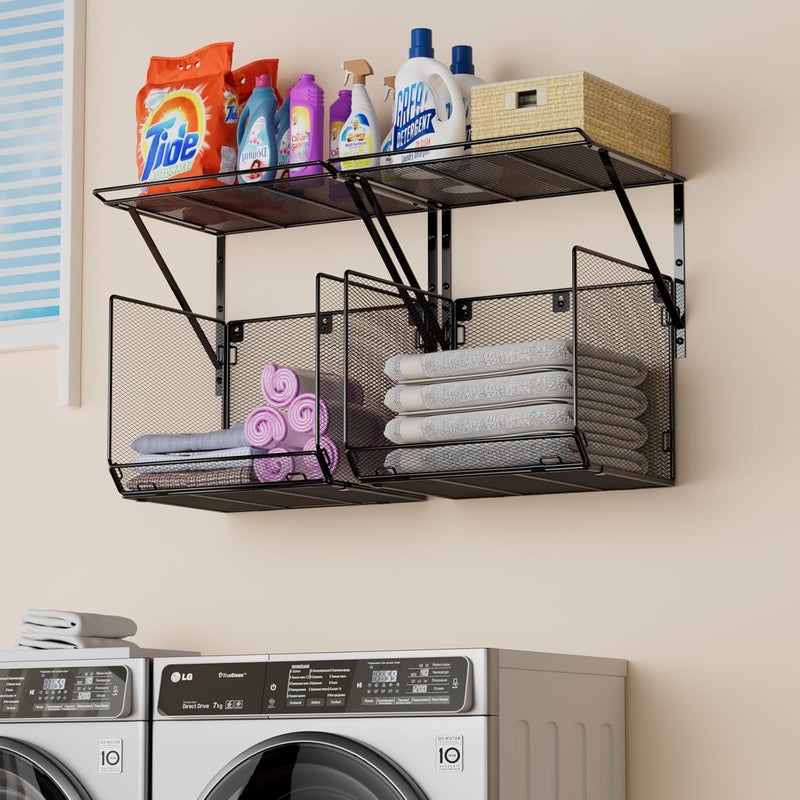 BigPonPon 2 Pack Laundry Room Shelves Organization and Storage,Wall Mounted Clothes Drying Rack with Wire Mesh Basket Over Washer and Dryer, (Black, 2 Pack) - Image 1
