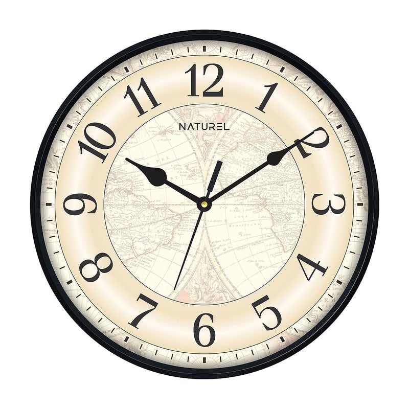 NATUREL Plastic Round Shape Wall Clock with Black Frame - Vintage Flower, 24 cm x 24 cm x 3.5 cm (2041) - Image 1
