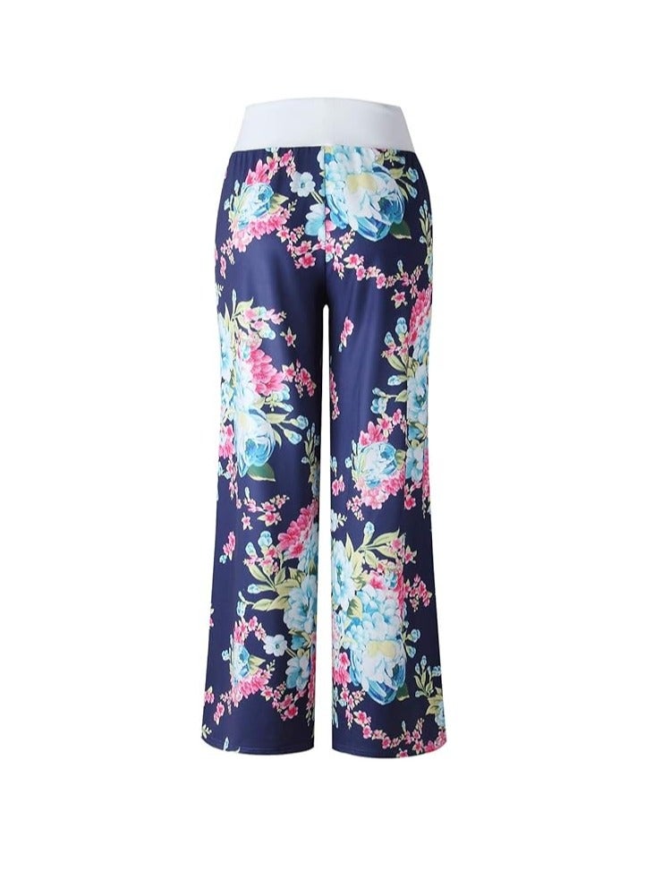 iChunhua Women's Comfy Stretch Floral Print Drawstring Palazzo Wide Leg Lounge Pant - Image 1