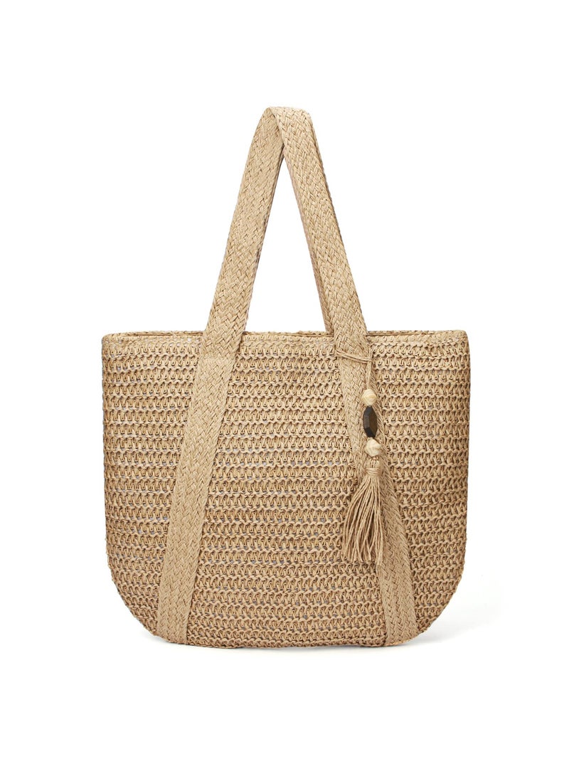 Straw Beach Bag for Women, Large Straw Shoulder Bag Handmade Weave Tote Bag Bohemian Straw Bag Summer Beach Bag Crochet Wicker Bag with Zipper - Image 1