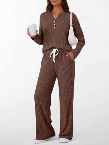 LILLUSORY Womens 2 Piece Lounge Sets Matching Airport Travel Outfits 2026 Spring Clothing Fall Pajamas Sweat Suits Pockets Chocolate Brown XL - Image 3