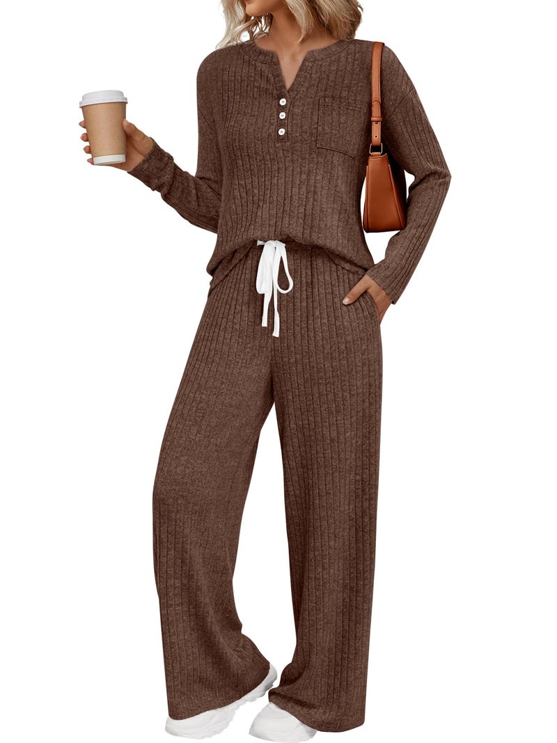 LILLUSORY Womens 2 Piece Lounge Sets Matching Airport Travel Outfits 2026 Spring Clothing Fall Pajamas Sweat Suits Pockets Chocolate Brown XL - Image 2