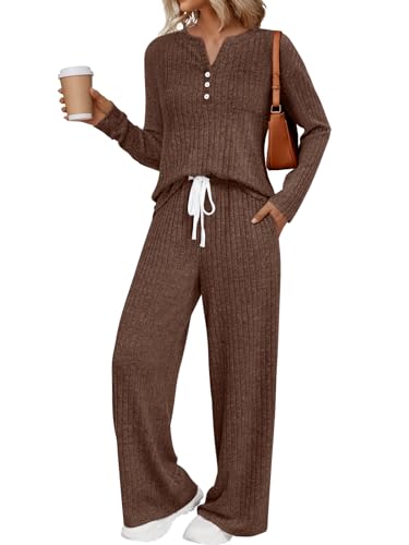 LILLUSORY Womens 2 Piece Lounge Sets Matching Airport Travel Outfits 2026 Spring Clothing Fall Pajamas Sweat Suits Pockets Chocolate Brown XL - Image 1
