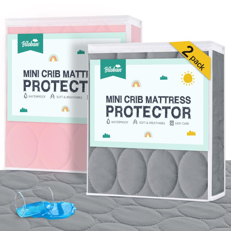 Biloban Mini Crib Mattress Protector Sheets Waterproof 2 Pack Quilted Pack and Play Mattress Pad Cover Fits for Baby Mini CribPlayenPack and Play Mattress Grey Pink 38x24