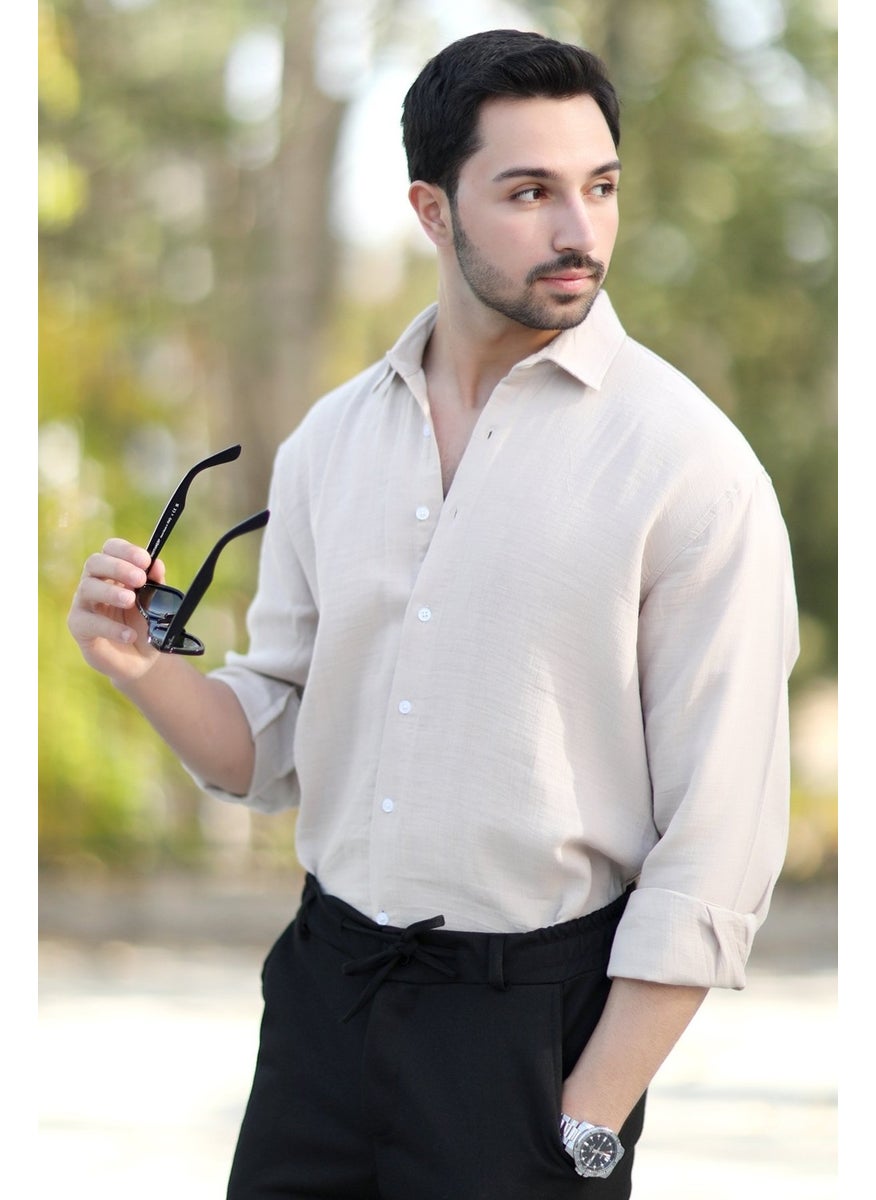 JOHN BORNERS - Men's Oversize Muslim Shirt Beige Relaxed Cut Pocketless Cotton Blend - 16701 - Image 1