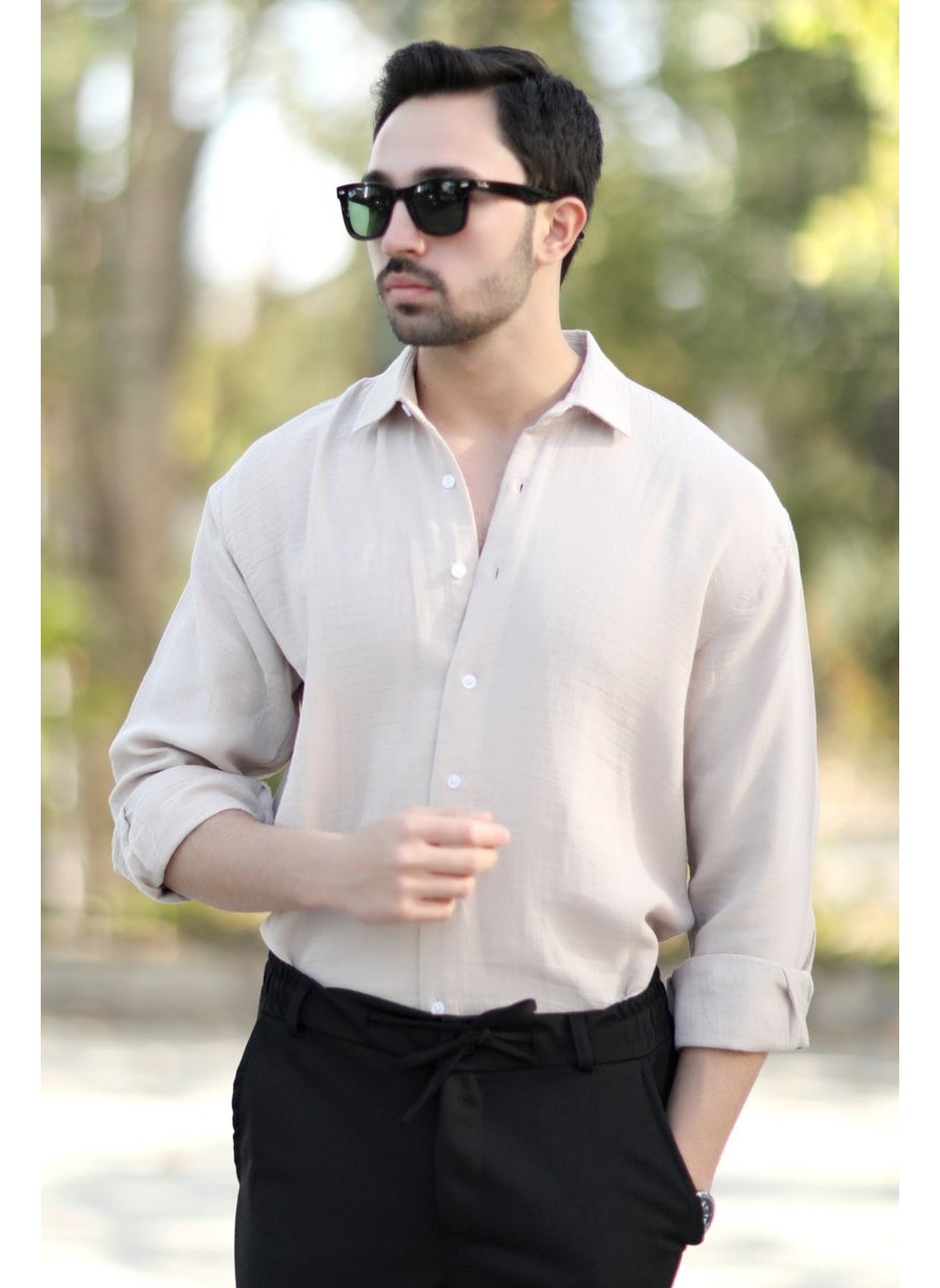 JOHN BORNERS - Men's Oversize Muslim Shirt Beige Relaxed Cut Pocketless Cotton Blend - 16701 - Image 1