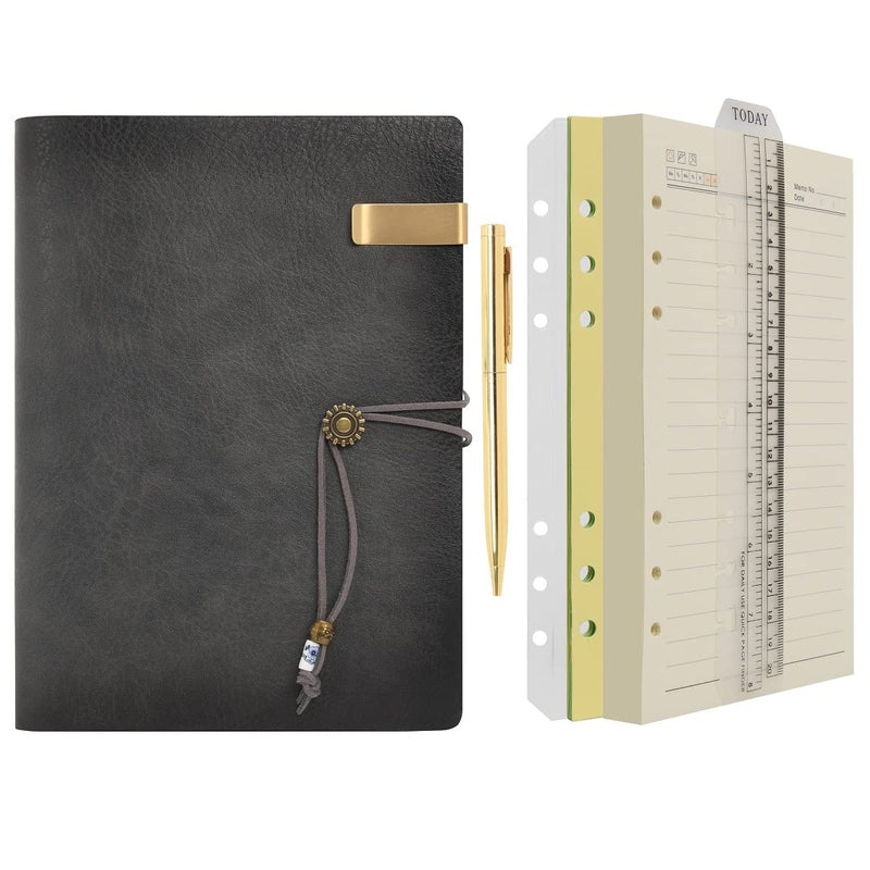 WONDERPOOL Leather Journal A5 Refillable 6 Ring Binder Notebook with Lined Paper and Pen,Writing Diary for Work Travel and Agenda Plan (A5, Grey)