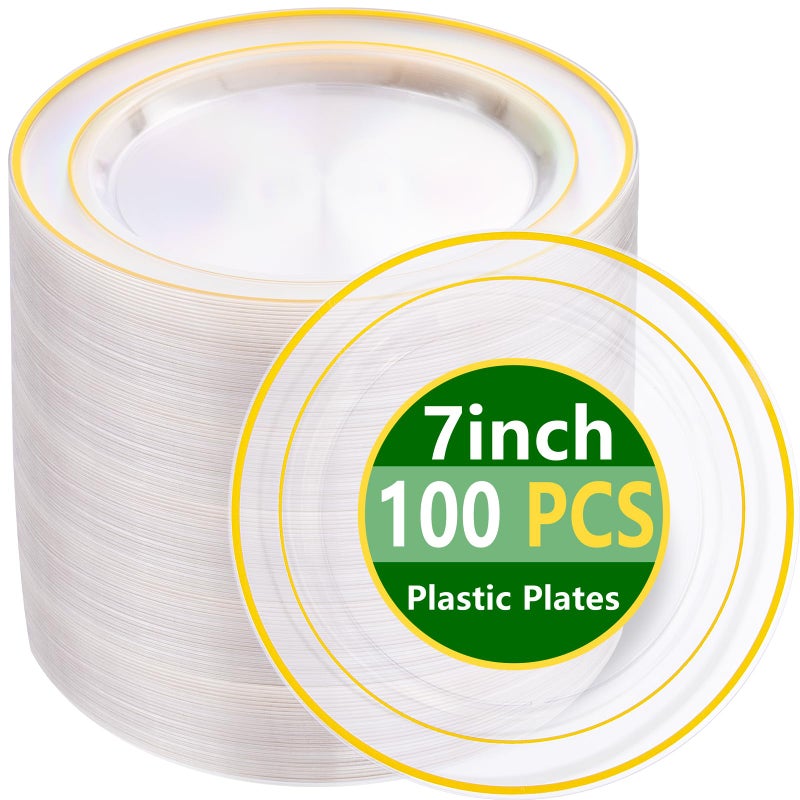 I00000 100Pcs Clear Gold Dessert Plates Clear Disposable Plates with Gold Rim 7 Inch Premium Hard Fancy Plates Perfect for Dinner  Birthday and Wedding Easter - Image 1