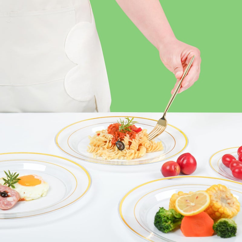 I00000 100Pcs Clear Gold Dessert Plates Clear Disposable Plates with Gold Rim 7 Inch Premium Hard Fancy Plates Perfect for Dinner  Birthday and Wedding Easter - Image 3