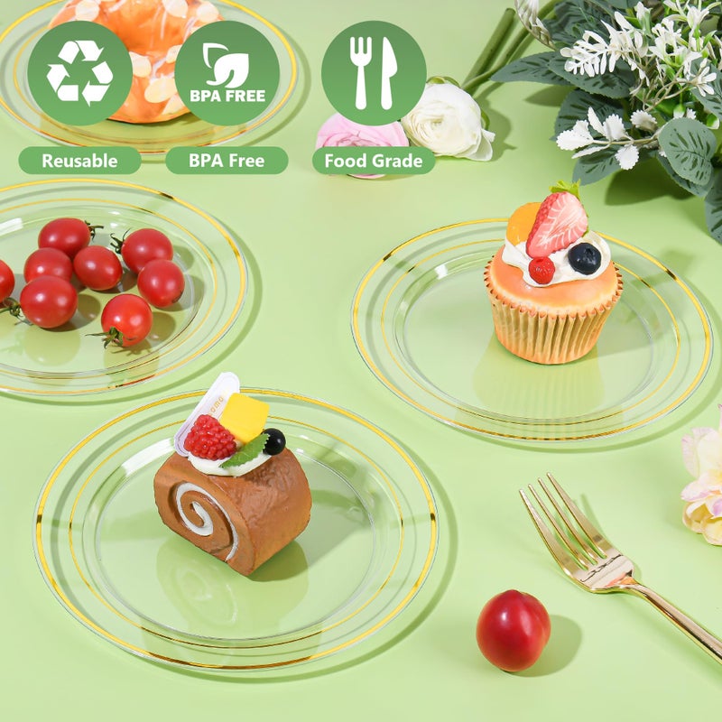 I00000 100Pcs Clear Gold Dessert Plates Clear Disposable Plates with Gold Rim 7 Inch Premium Hard Fancy Plates Perfect for Dinner  Birthday and Wedding Easter - Image 2