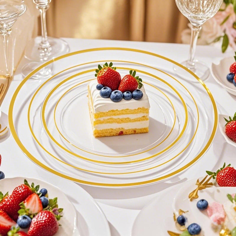 I00000 100Pcs Clear Gold Dessert Plates Clear Disposable Plates with Gold Rim 7 Inch Premium Hard Fancy Plates Perfect for Dinner  Birthday and Wedding Easter - Image 4