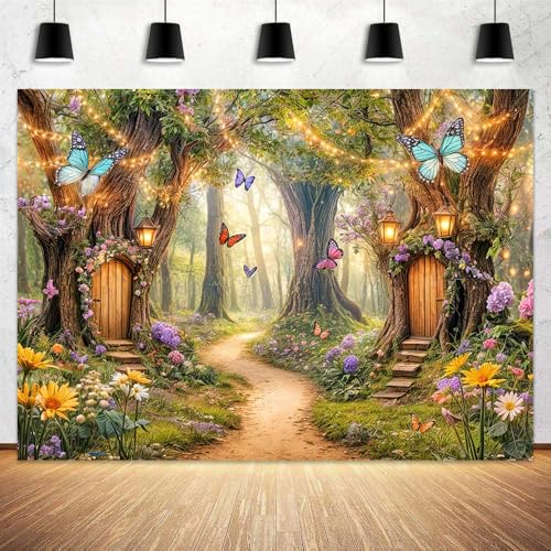 Uokiuki Fairytale Forest Backdrop, Fairy Garden Tale Wonderland Mushroom House Butterfly Leaves Photography Background, Spring Kids Magic Party Decoration Portrait Photoshoot Studio Props, 7X5FT - Image 1