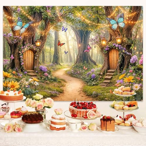 Uokiuki Fairytale Forest Backdrop, Fairy Garden Tale Wonderland Mushroom House Butterfly Leaves Photography Background, Spring Kids Magic Party Decoration Portrait Photoshoot Studio Props, 7X5FT - Image 4