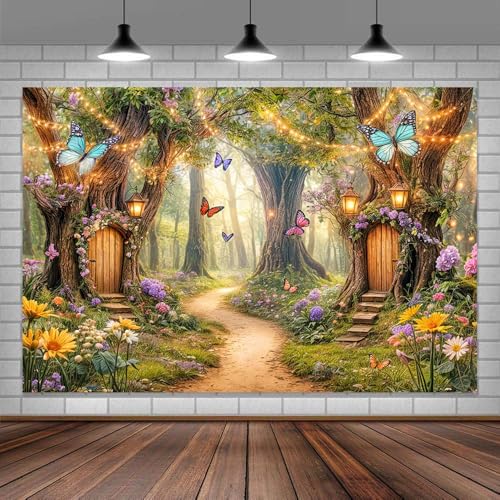 Uokiuki Fairytale Forest Backdrop, Fairy Garden Tale Wonderland Mushroom House Butterfly Leaves Photography Background, Spring Kids Magic Party Decoration Portrait Photoshoot Studio Props, 7X5FT - Image 2