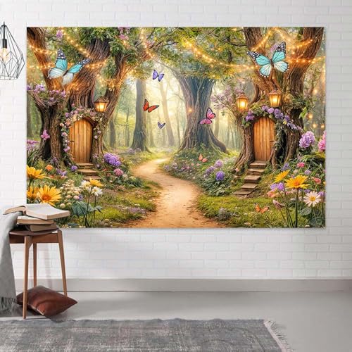 Uokiuki Fairytale Forest Backdrop, Fairy Garden Tale Wonderland Mushroom House Butterfly Leaves Photography Background, Spring Kids Magic Party Decoration Portrait Photoshoot Studio Props, 7X5FT - Image 3