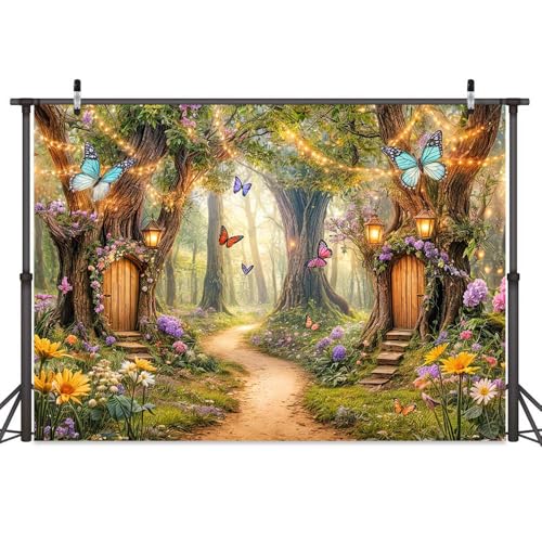 Uokiuki Fairytale Forest Backdrop, Fairy Garden Tale Wonderland Mushroom House Butterfly Leaves Photography Background, Spring Kids Magic Party Decoration Portrait Photoshoot Studio Props, 7X5FT - Image 5