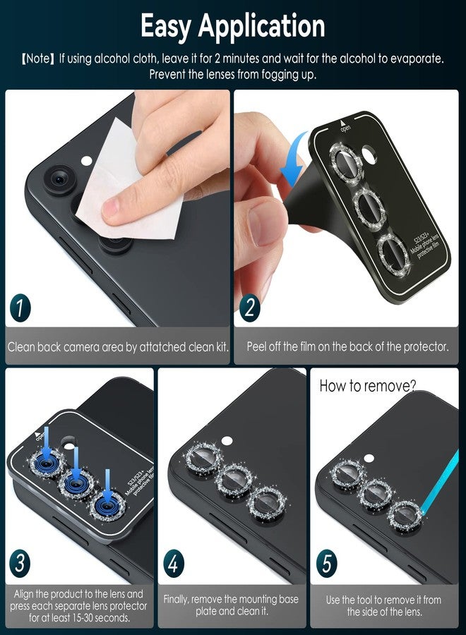 CloudValley [3 Pcs] for Samsung Galaxy S24 / S23 Plus Camera Lens Protector, 9H Tempered Glass + Aluminum Alloy Metal Individual Lens Screen Protective Ring for S23+ 5G 2023, Glitter Black - Image 2