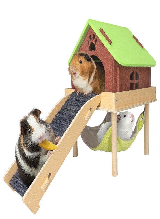 BESNEW 3 in 1 Enlarged Guinea Pig Hammock,Wooden Guinea Pig Hideout with House & Platform & Stairs Small Animal Toys for Hiding Sleeping Activities - Image 1