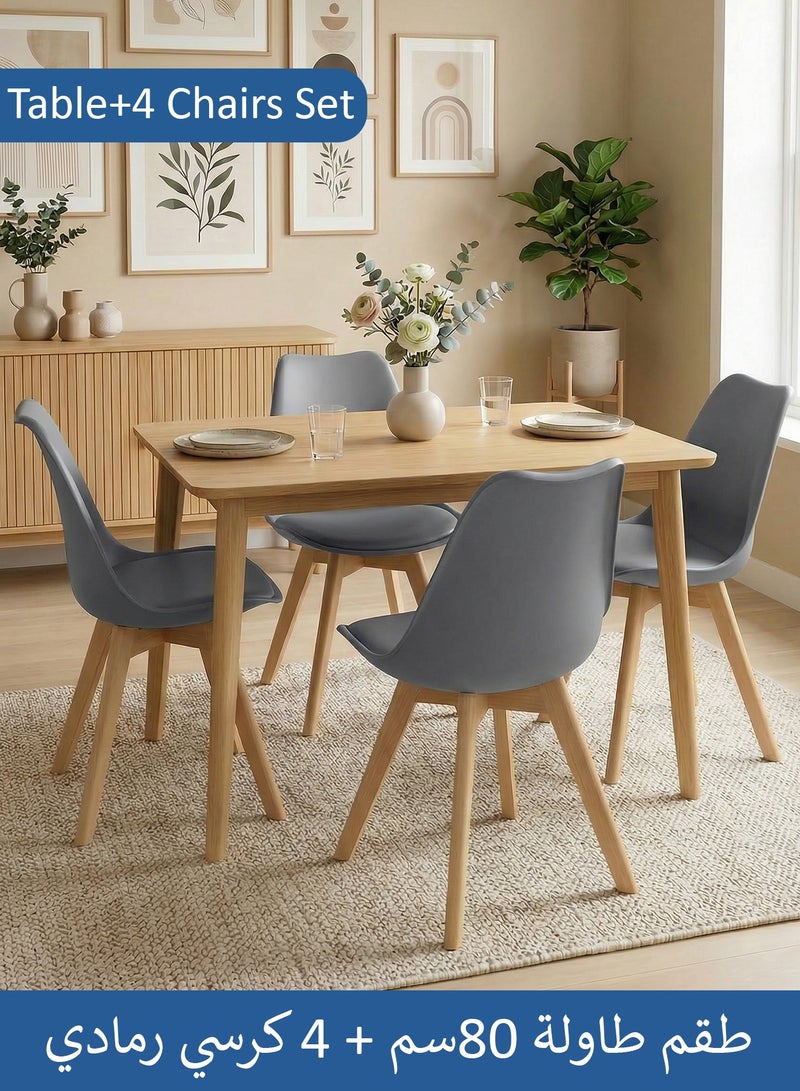 Taimi 5-Piece Dining Set, Modern Rectangular Dining Table with 4 Elegant Chairs | Solid Wood Table 80x60x75cm with 4 Grey Mid Century Soft Padded Seats - Modern Side Chairs with Wooden Legs - Image 1