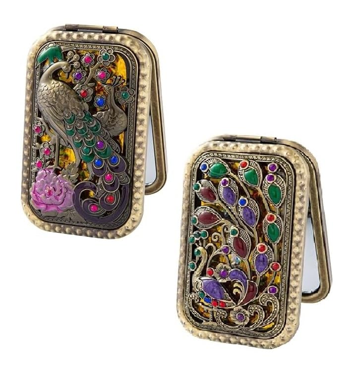 Sugalsu Peacock Makeup Mirror Double Sided Makeup Mirror Small Makeup Mirror for Women Girls Retro Makeup Mirror Double Sided Hand Mirror Portable Metal Mirror TravelPack of 2 - Image 1