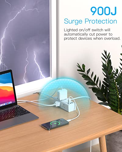 One Beat 10 Ft Power Strip Surge Protector - One Beat 10ft Extension Cord with 6 Widely Outlets 3 USB Ports (1 USB C), Wall Mount Outlet Extender, Flat Plug Power Strip for Travel Home Office College Dorm Room - Image 5