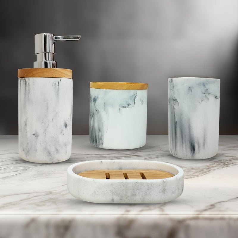 IBELL 4-Piece Bathroom Accessories Set - Soap Dispenser, Tumbler, Toothbrush Holder, Soap Dish | Bathroom Organizer | Handwash Dispenser | Soap Case (Italian Marble Finish) - Image 1