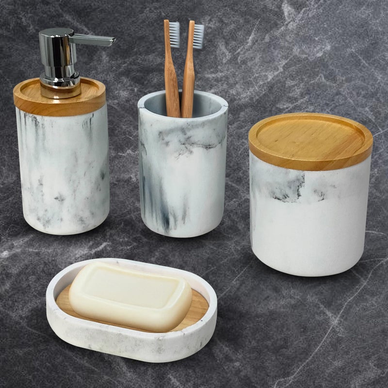 IBELL 4-Piece Bathroom Accessories Set - Soap Dispenser, Tumbler, Toothbrush Holder, Soap Dish | Bathroom Organizer | Handwash Dispenser | Soap Case (Italian Marble Finish) - Image 4