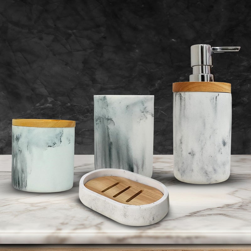 IBELL 4-Piece Bathroom Accessories Set - Soap Dispenser, Tumbler, Toothbrush Holder, Soap Dish | Bathroom Organizer | Handwash Dispenser | Soap Case (Italian Marble Finish) - Image 3