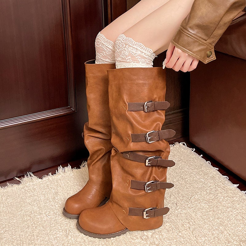 Plus Size Belt Buckle Black Brown Western Cowboy Boots Thick Heel Long Retro Style Fashion Boots - Image 2