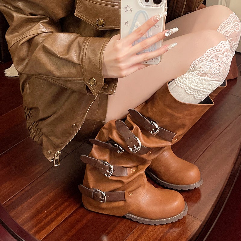 Plus Size Belt Buckle Black Brown Western Cowboy Boots Thick Heel Long Retro Style Fashion Boots - Image 5