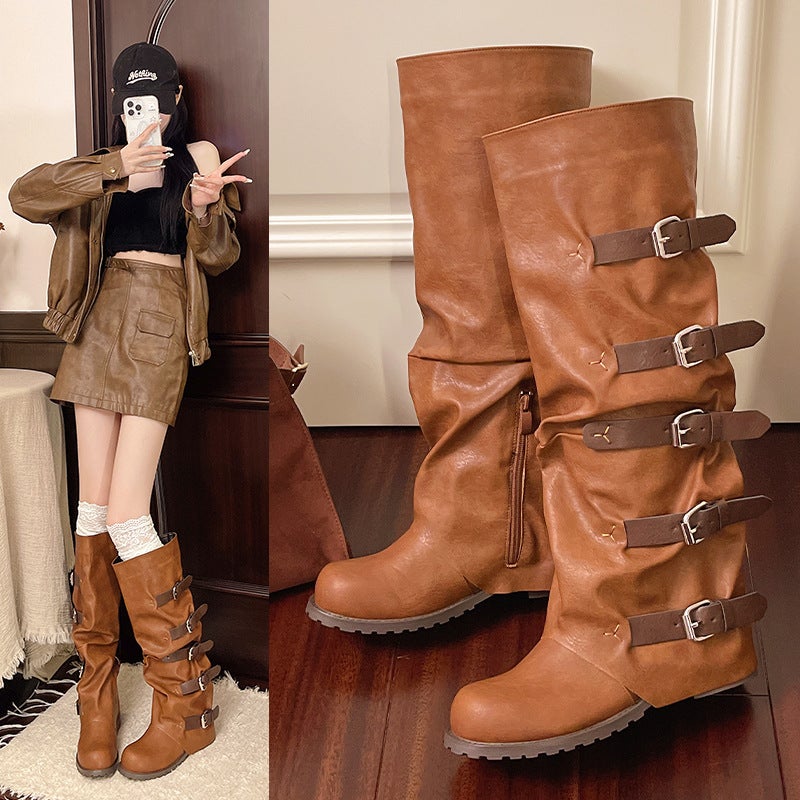 Plus Size Belt Buckle Black Brown Western Cowboy Boots Thick Heel Long Retro Style Fashion Boots - Image 3