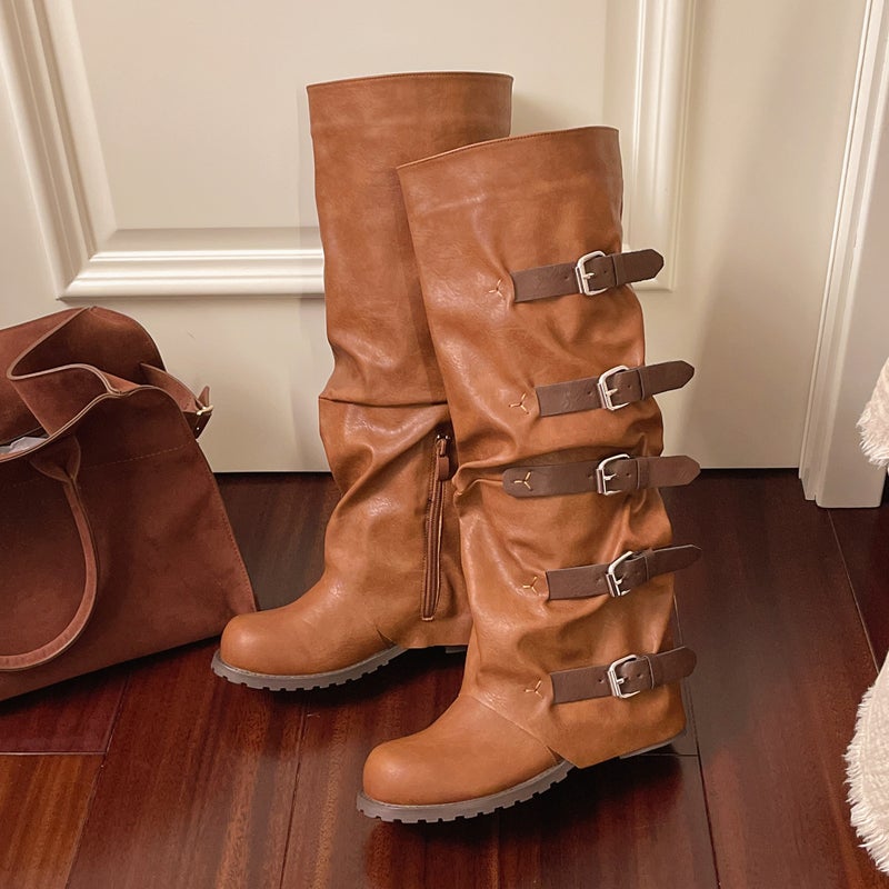 Plus Size Belt Buckle Black Brown Western Cowboy Boots Thick Heel Long Retro Style Fashion Boots - Image 1