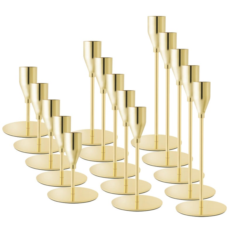 ECHFSM Gold Taper Candle Holders for Wedding Table Centerpiece,Tall Taper Candlestick Holders Bulk Set of 15,Metal Candle Stick Holder for Table or Mantel Centerpiece,Dinning,Festival,Party Home Decor - Image 1