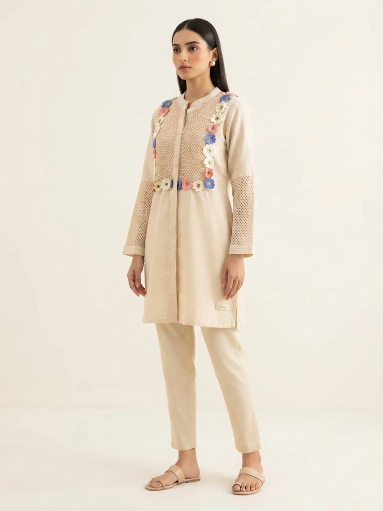 Viny VINY Beige Crochet Applique Mandarin Collar Kurta & Pant Set – Women's Indian Ethnic Wear